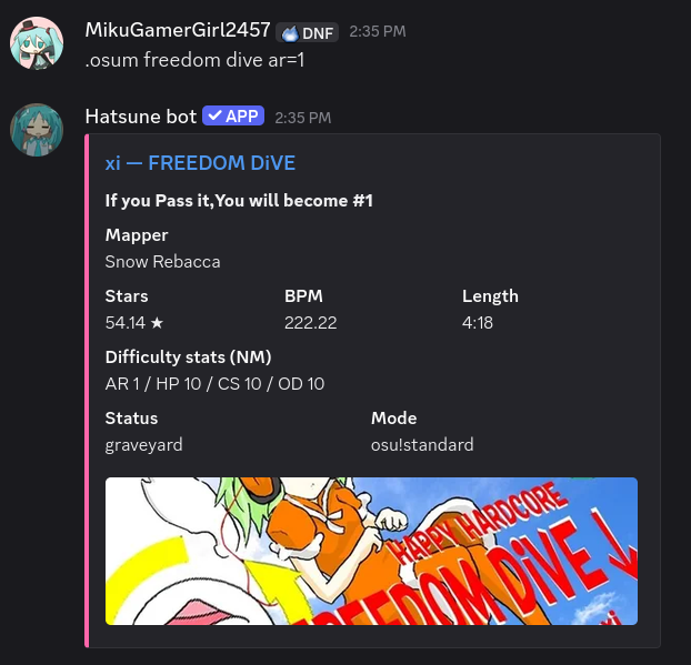Hatsune bot replying to an osu! beatmap search in Discord with a FREEDOM DiVE beatmap.